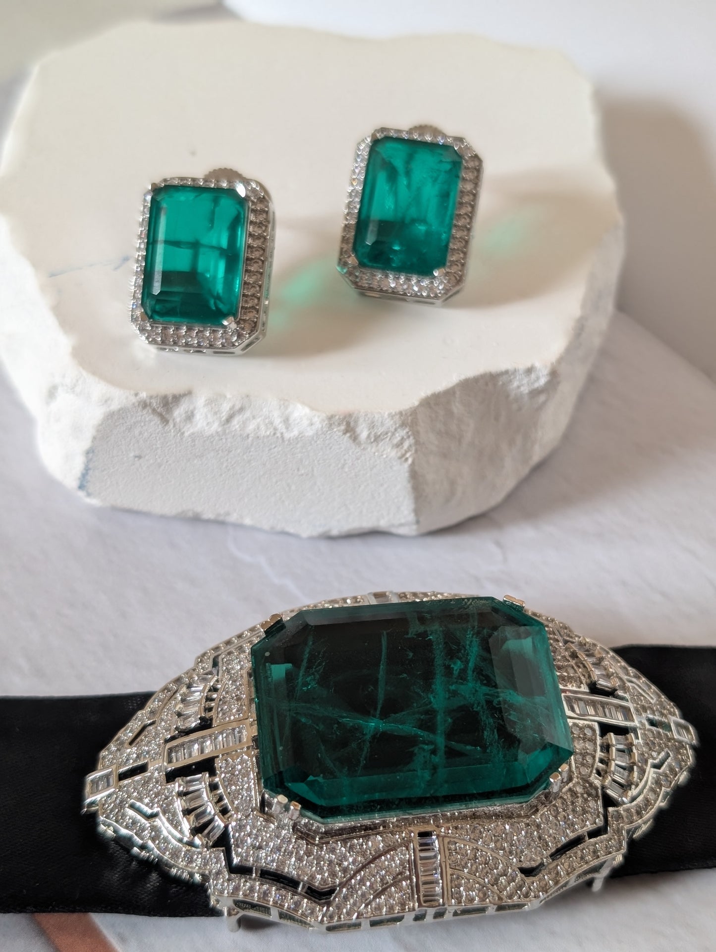 Vintage Emerald-Cut Statement Ring & Earrings