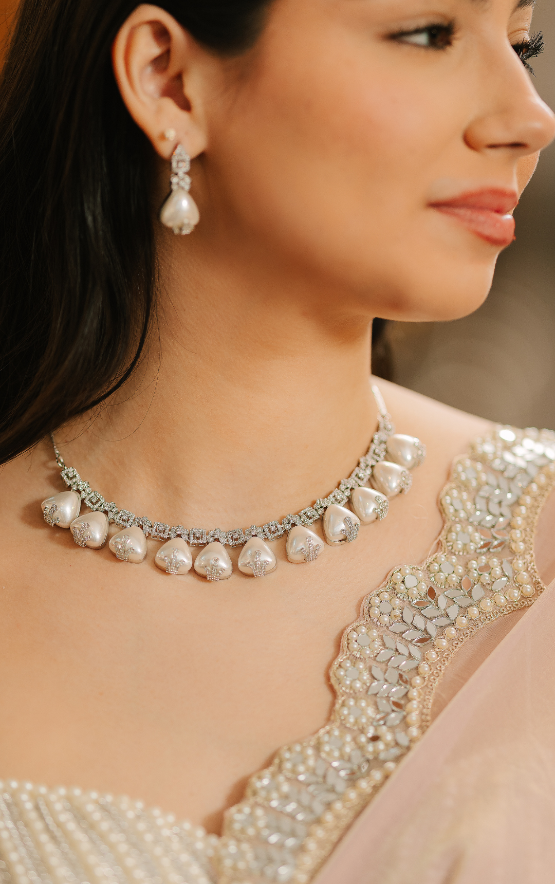 Pearl Romance Heart Choker Set