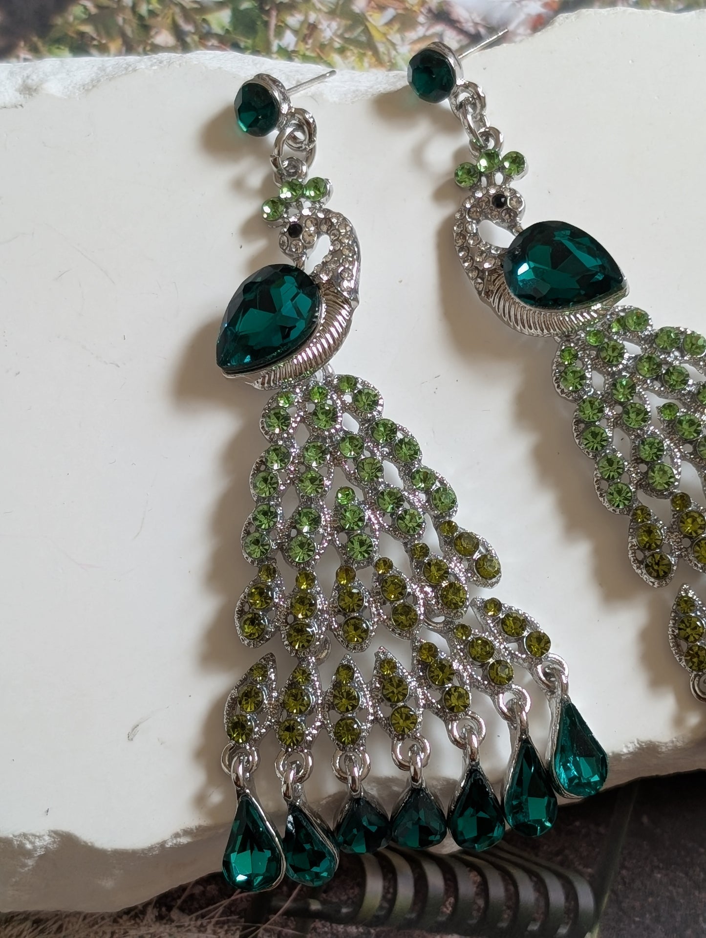 Emerald Peacock Crystal Drop Earrings