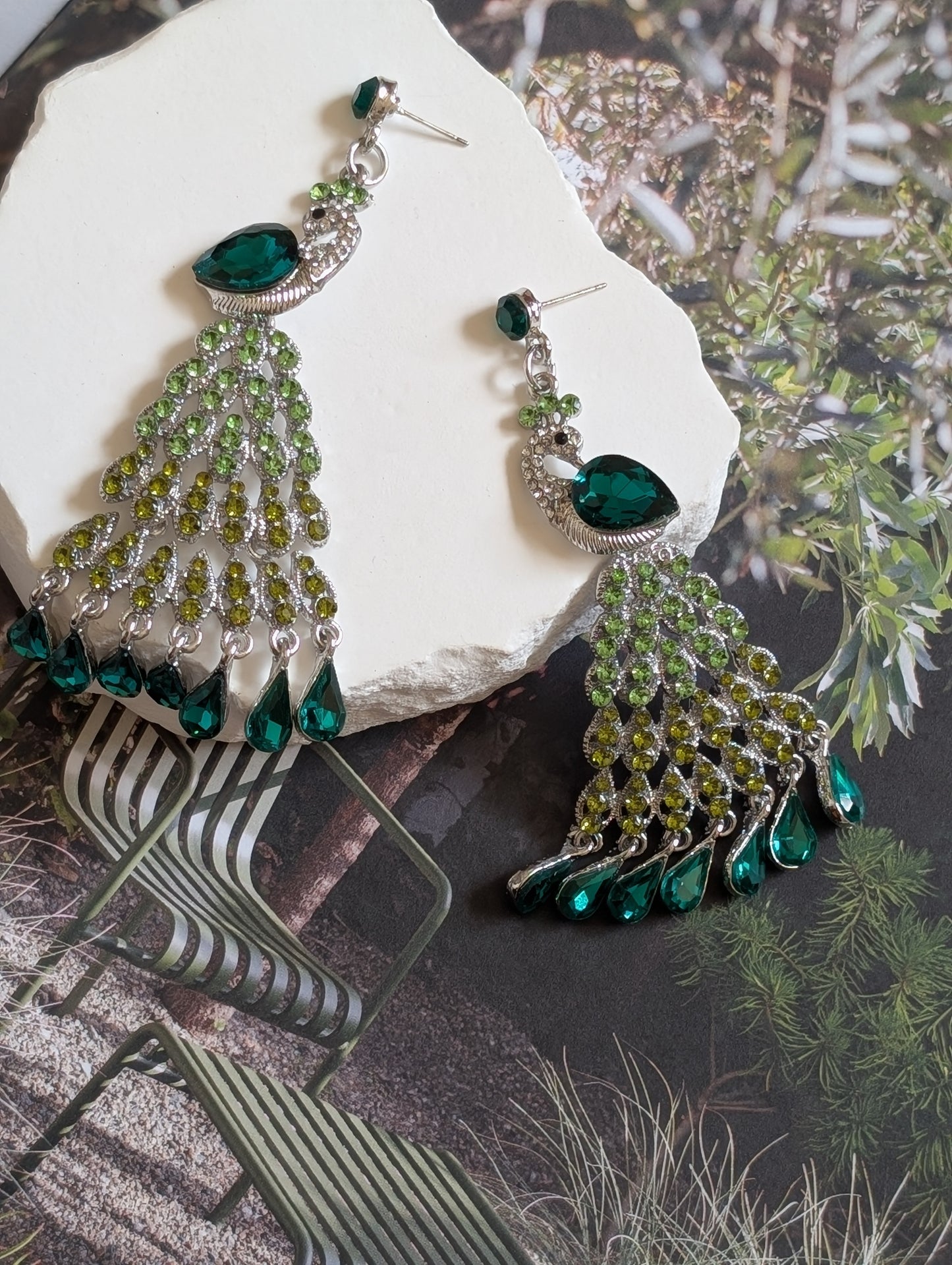 Emerald Peacock Crystal Drop Earrings