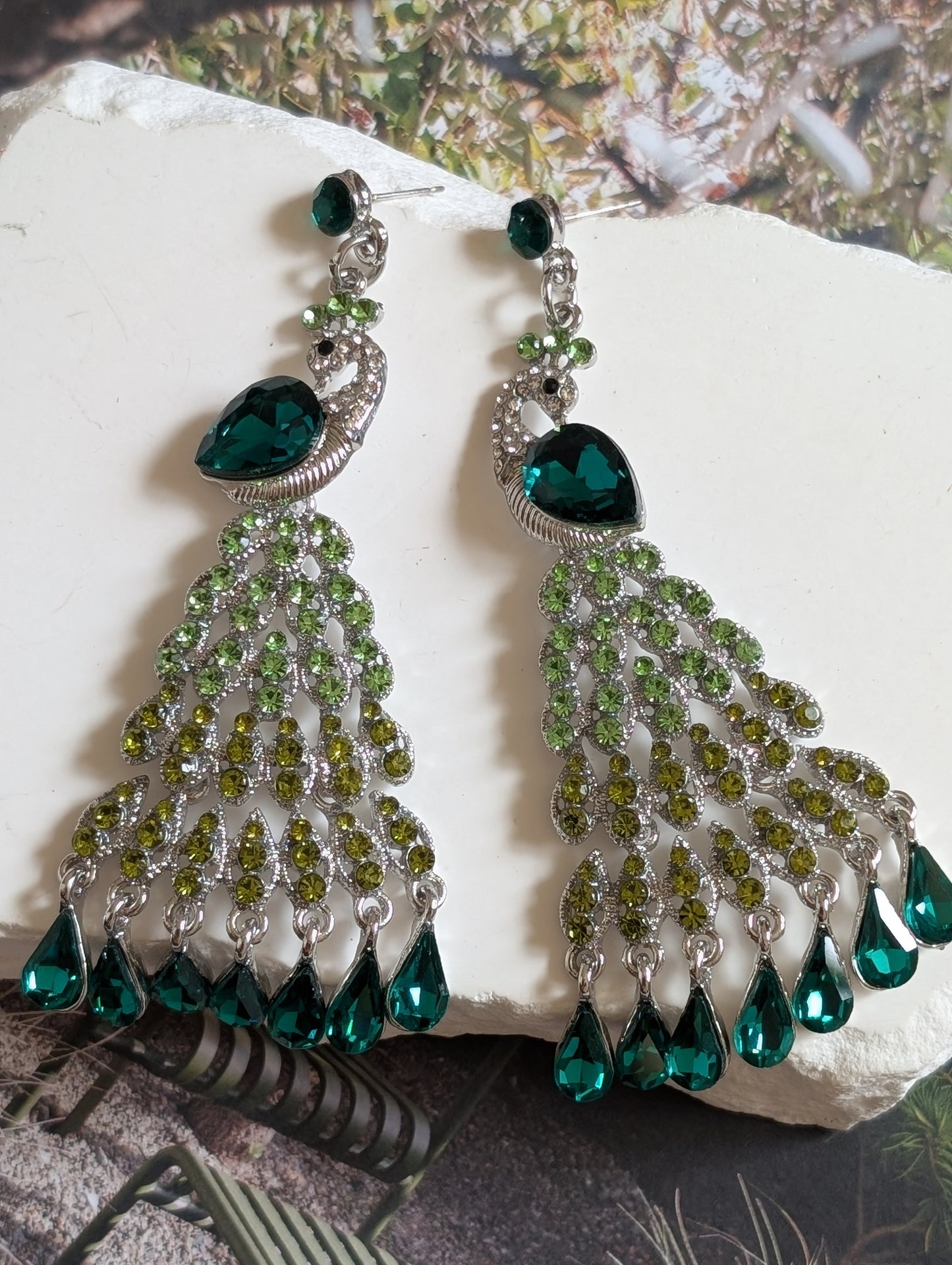 Emerald Peacock Crystal Drop Earrings