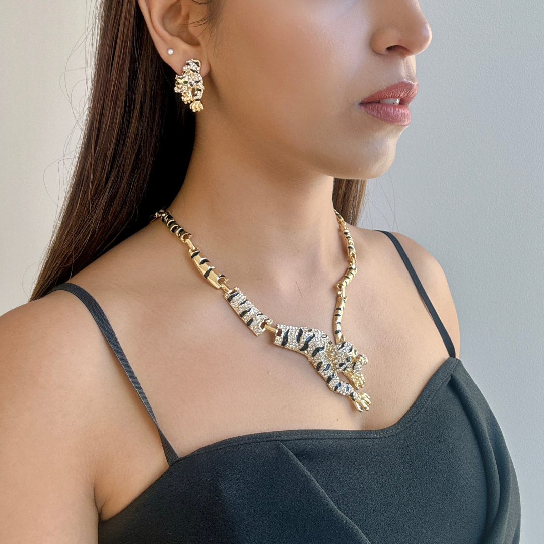 Designer Inspired - Golden Panther Necklace Set - Midas Touch Jewelry