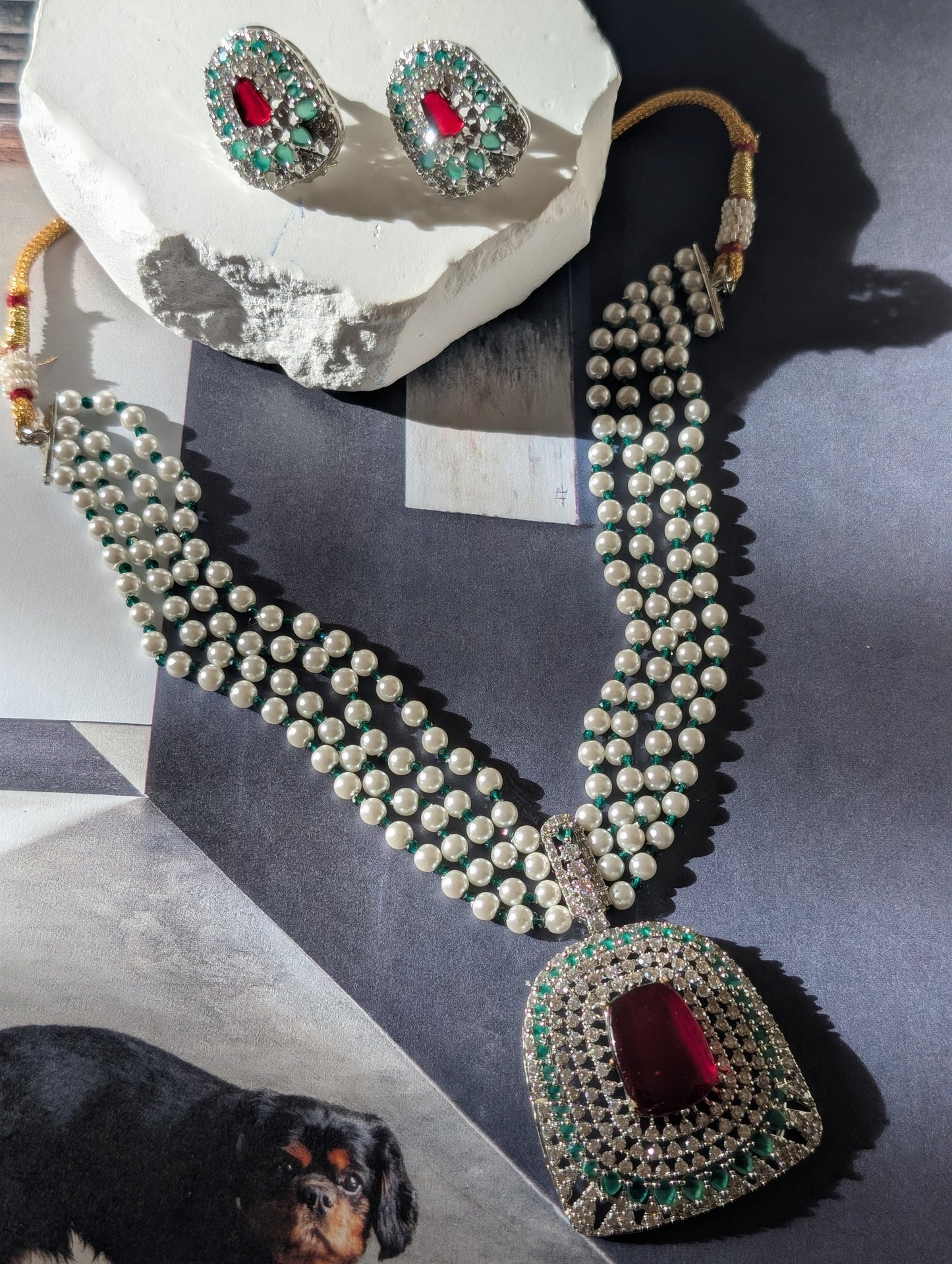 Imperial Elegance Ruby & Pearl Necklace Set