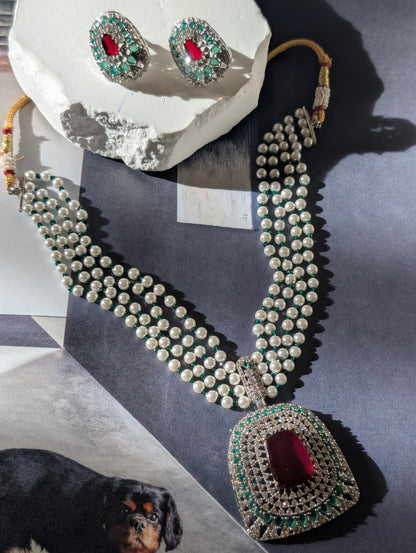 Imperial Elegance Ruby & Pearl Necklace Set
