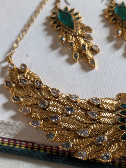 Peacock-Inspired Gold and Green Jewelry Set