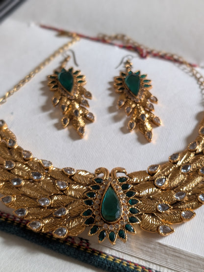 Peacock-Inspired Gold and Green Jewelry Set