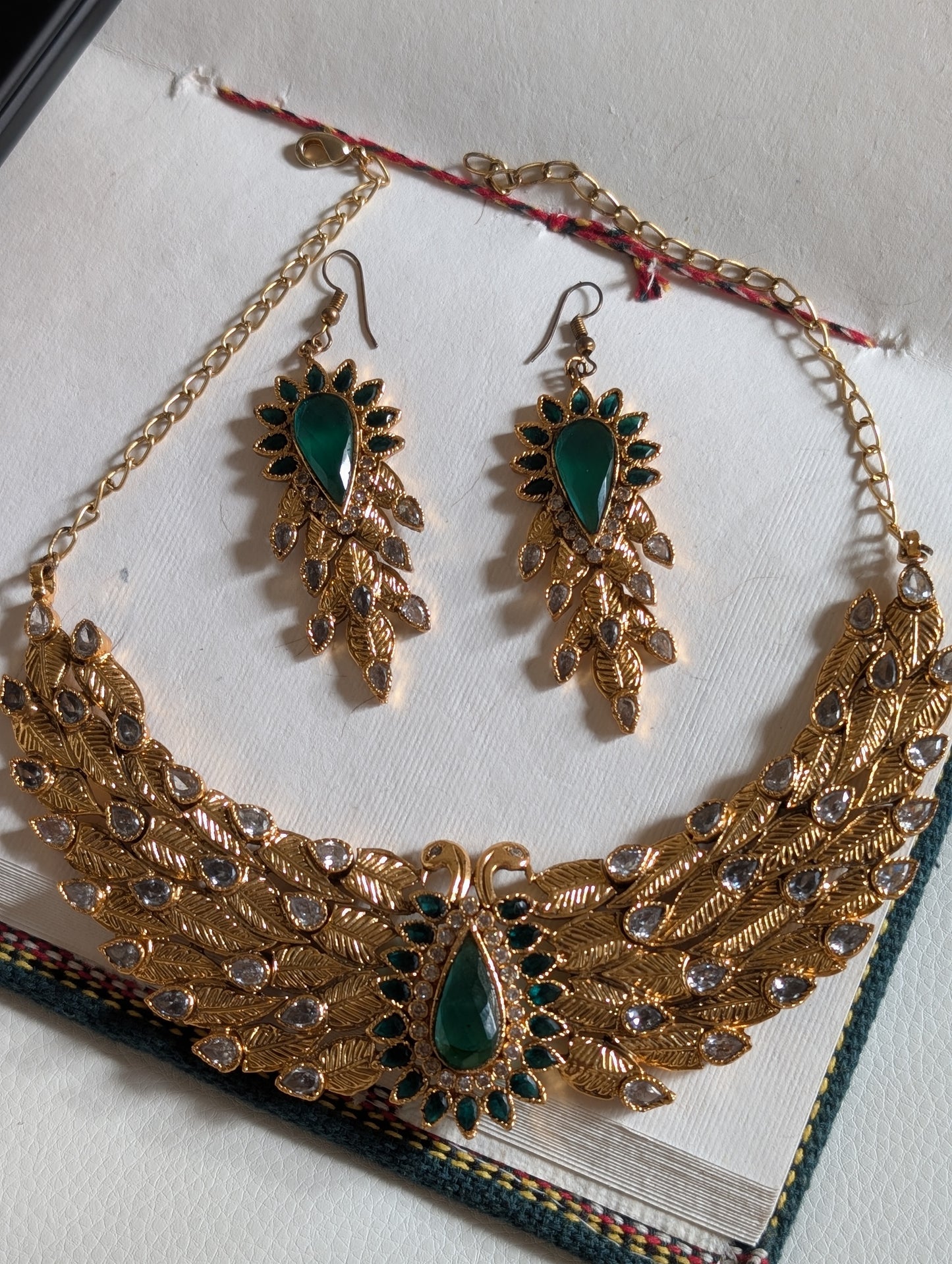 Peacock-Inspired Gold and Green Jewelry Set