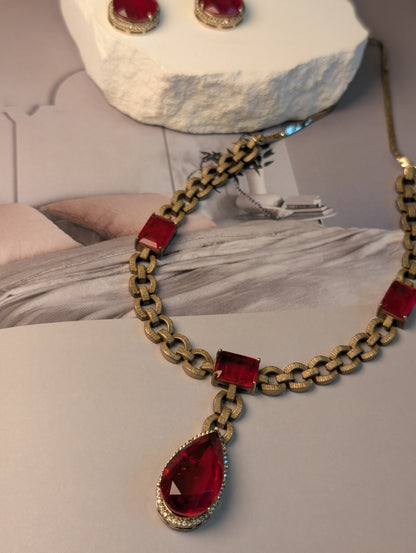 Regal Gemstone Chain Necklace & Drop Earrings Set