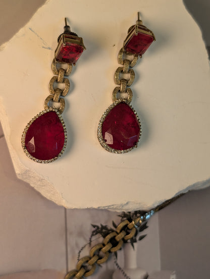 Regal Gemstone Chain Necklace & Drop Earrings Set