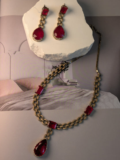 Regal Gemstone Chain Necklace & Drop Earrings Set