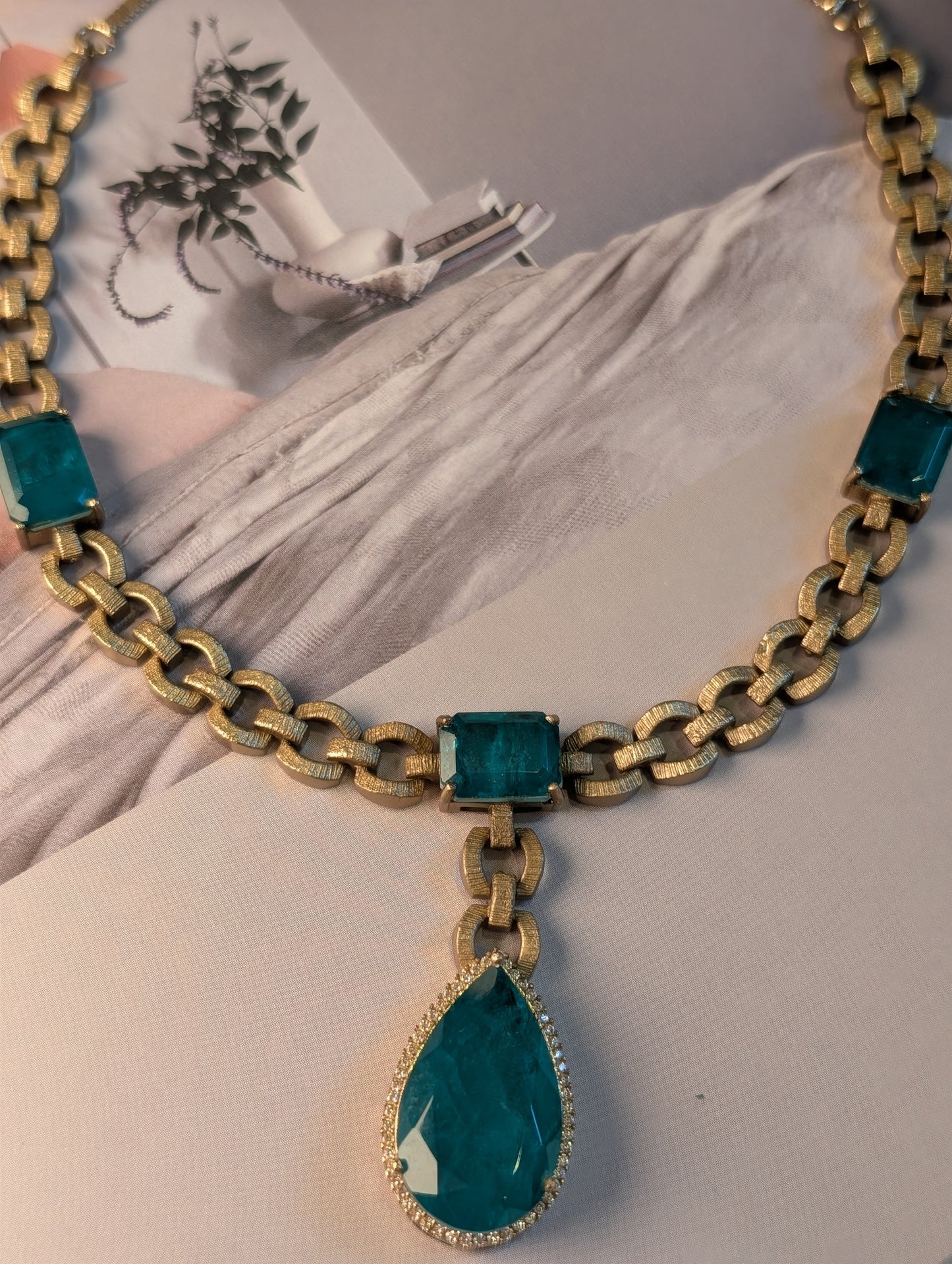 Regal Gemstone Chain Necklace & Drop Earrings Set