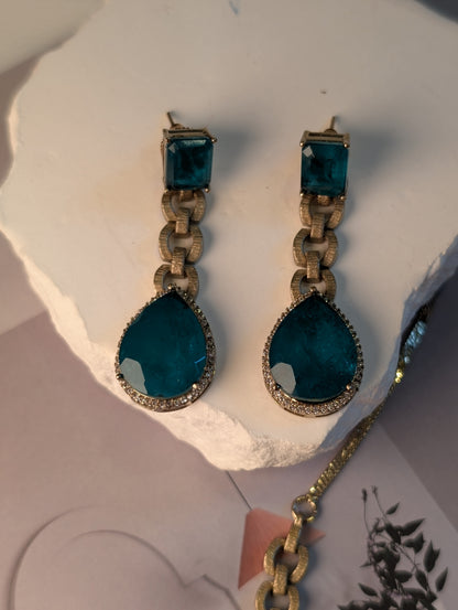 Regal Gemstone Chain Necklace & Drop Earrings Set