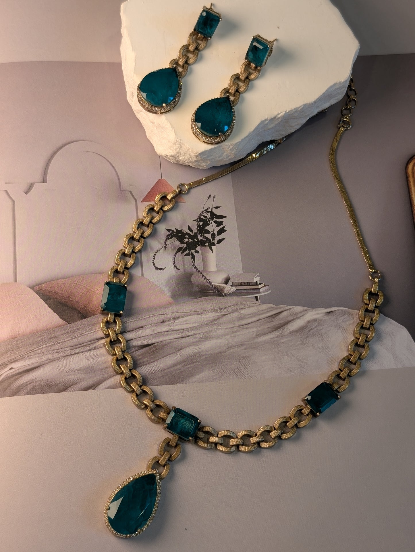 Regal Gemstone Chain Necklace & Drop Earrings Set