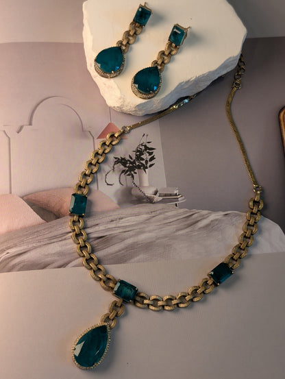 Regal Gemstone Chain Necklace & Drop Earrings Set