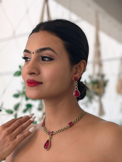 Regal Gemstone Chain Necklace & Drop Earrings Set