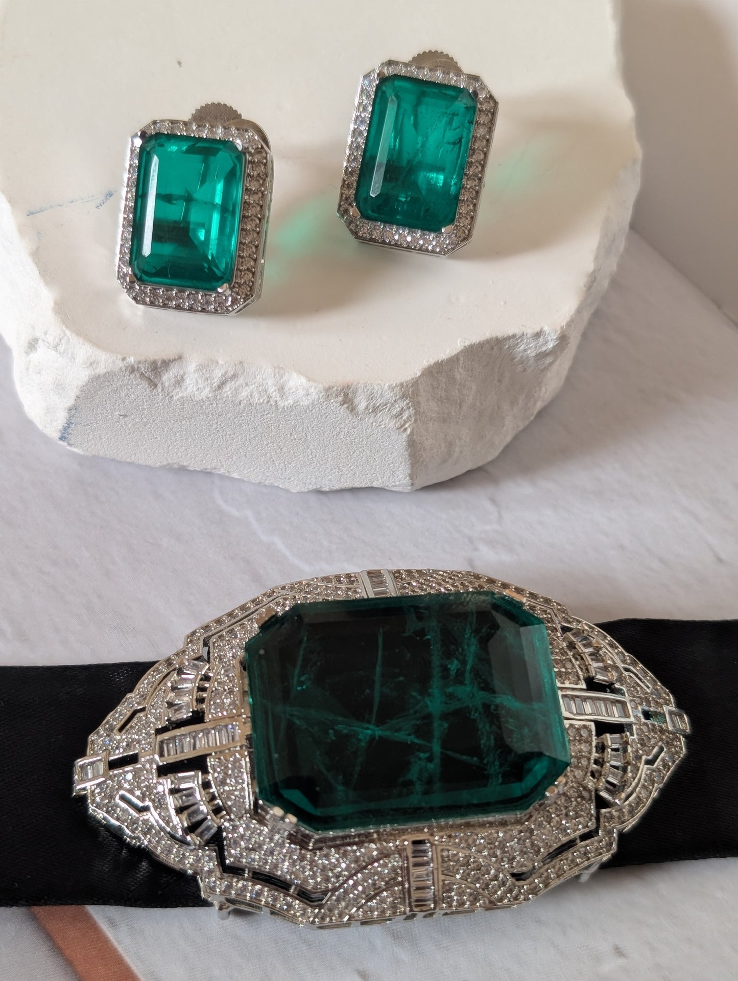 Vintage Emerald-Cut Statement Ring & Earrings
