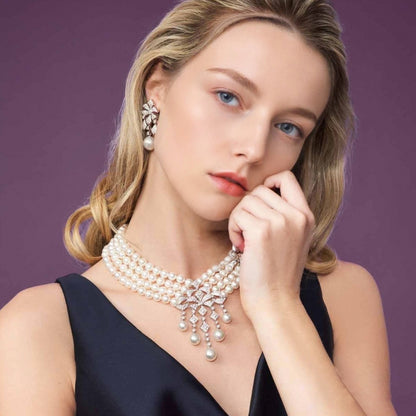 Regal Multi-Strand Pearl Necklace & Earrings Set