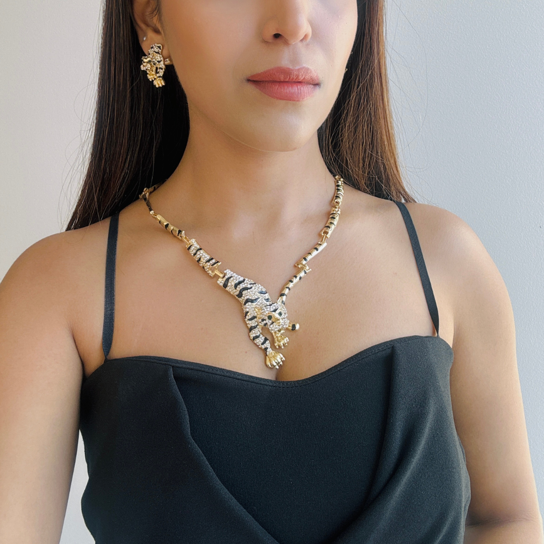 Designer Inspired - Golden Panther Necklace Set - Midas Touch Jewelry