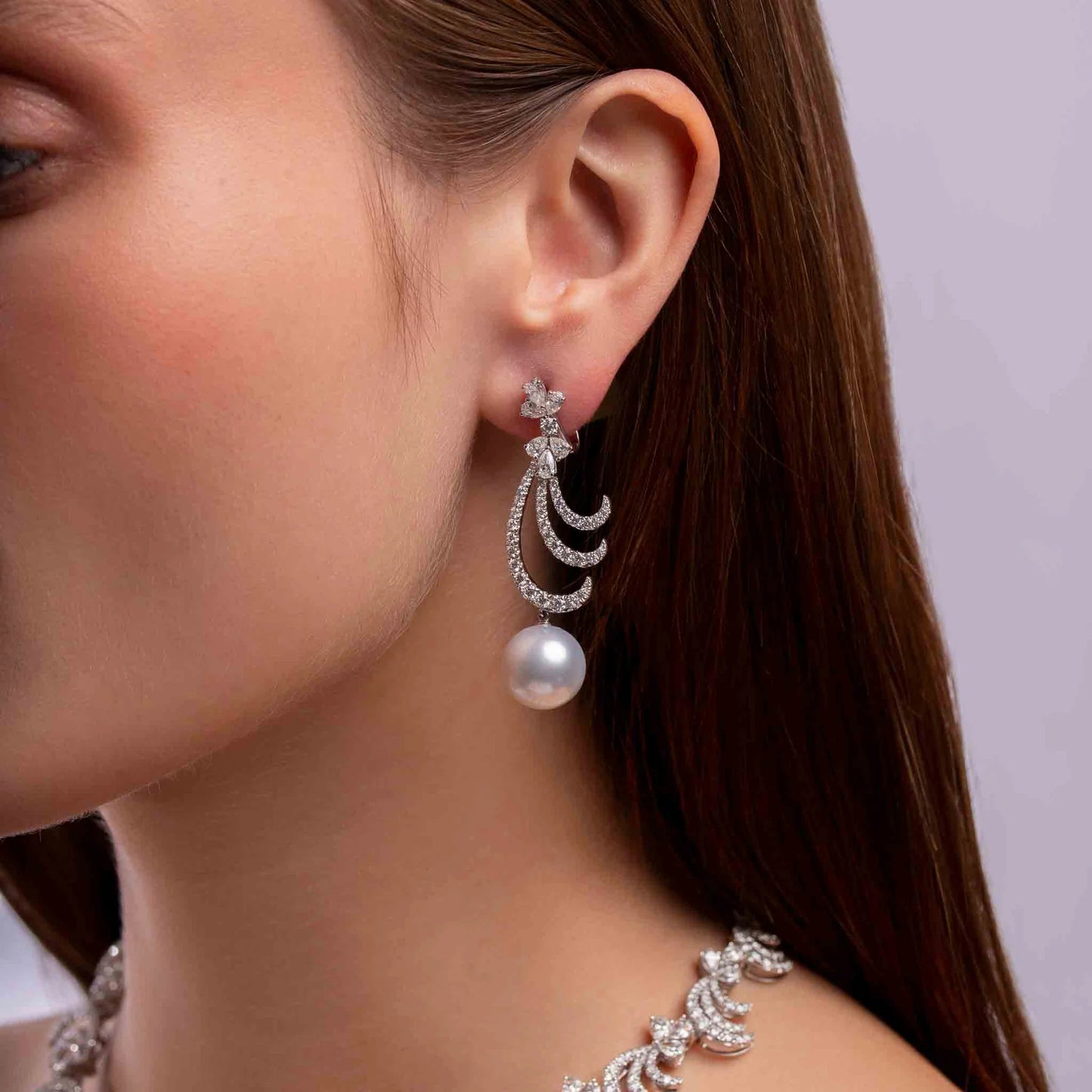 Radiant Pearl & Diamond Crescent Necklace Set