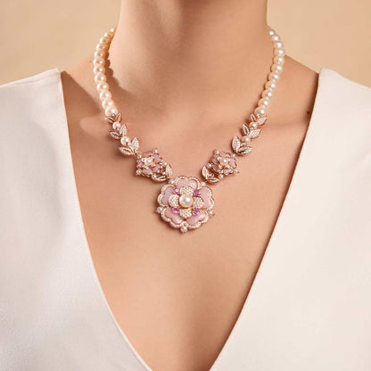 Blush Pink Floral Pearl Necklace & Earrings Set