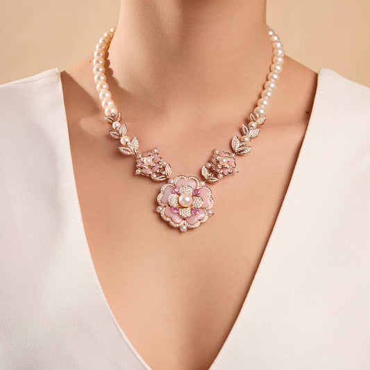 Blush Pink Floral Pearl Necklace & Earrings Set