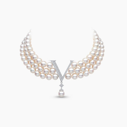 Triple-Strand Pearl Necklace Set with Diamond Accents