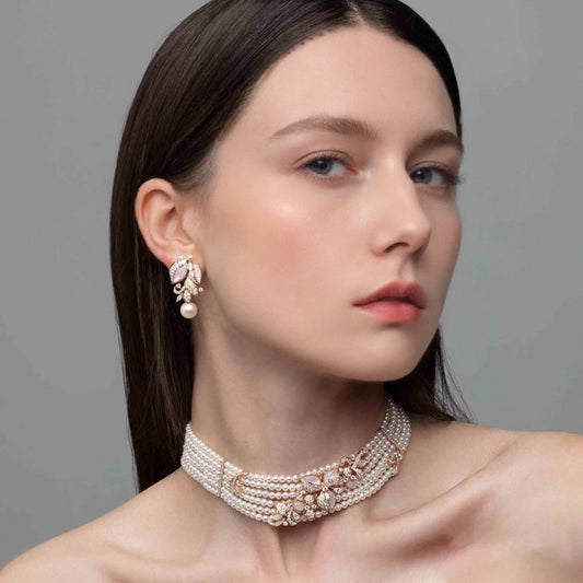 Rose Gold Floral Pearl Choker & Earrings Set