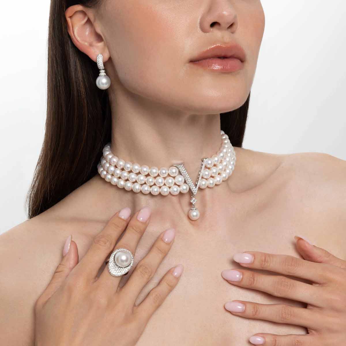 Triple-Strand Pearl Necklace Set with Diamond Accents