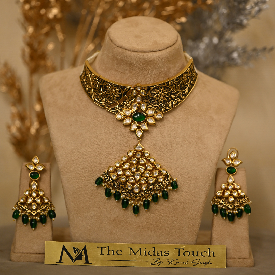 Deeswa Brass Emerald & Kundan Jadau Necklace Set - Midas Touch Jewelry