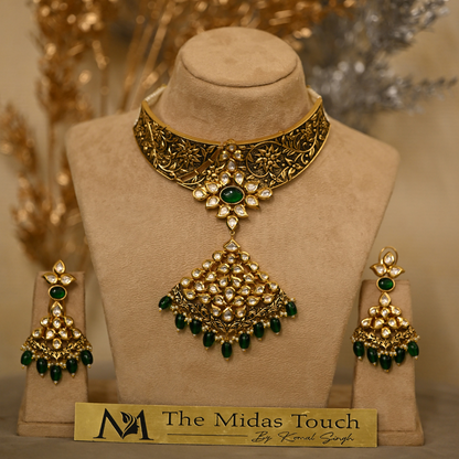 Deeswa Brass Emerald & Kundan Jadau Necklace Set - Midas Touch Jewelry