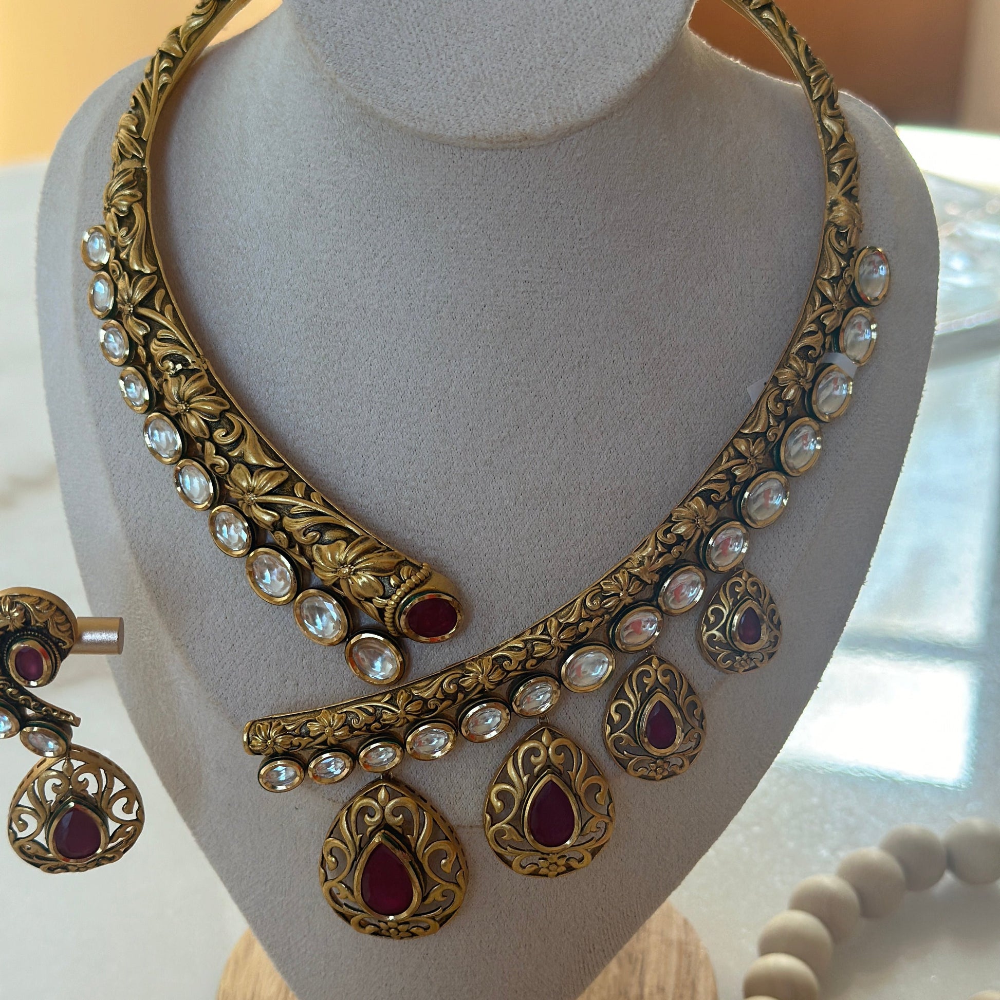 Chandra Kundan Ruby Gold-Finished Necklace - Midas Touch Jewelry