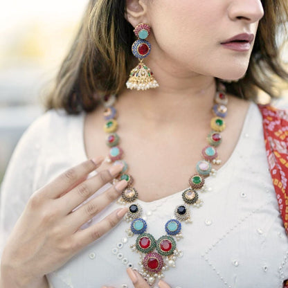 Designer Inspired - Winter Multicolored Navratan Necklace - Midas Touch Jewelry