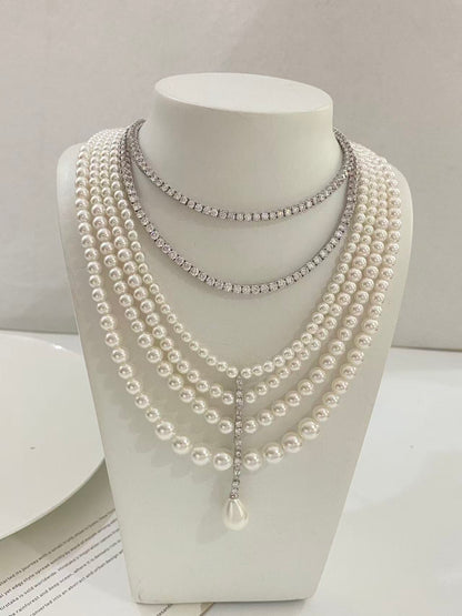 Elegant Multi-Layer Pearl & Crystal Necklace with Drop Pendant