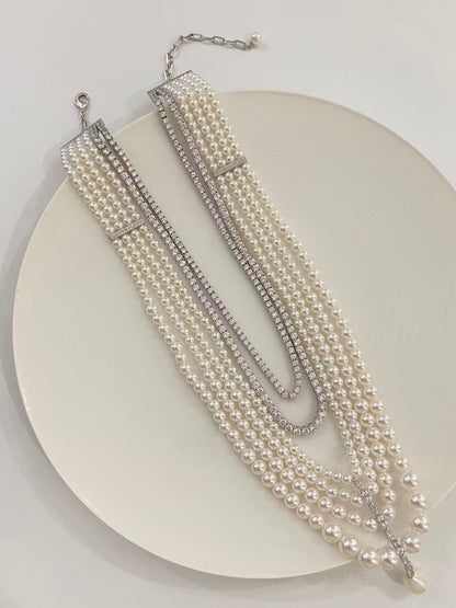 Elegant Multi-Layer Pearl & Crystal Necklace with Drop Pendant