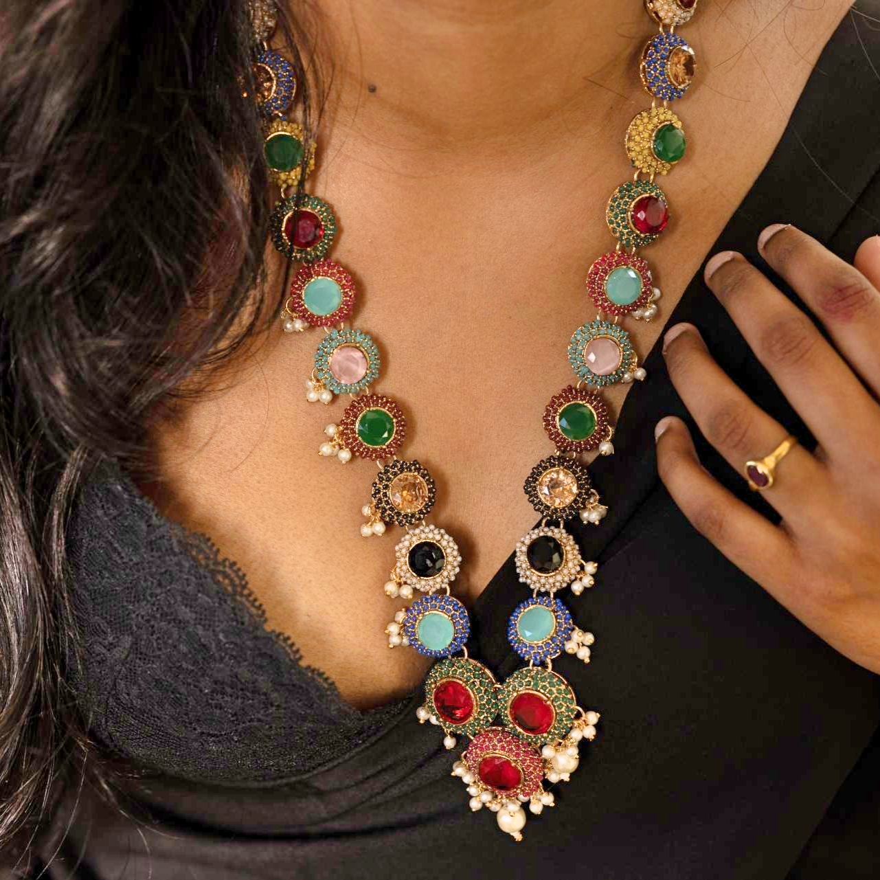 Designer Inspired - Winter Multicolored Navratan Necklace - Midas Touch Jewelry