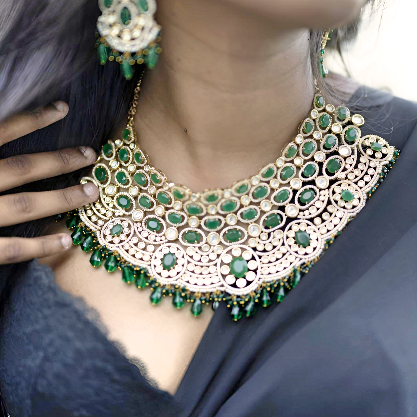 Noor Jahan Emerald Kundan Bridal Necklace Set - Midas Touch Jewelry