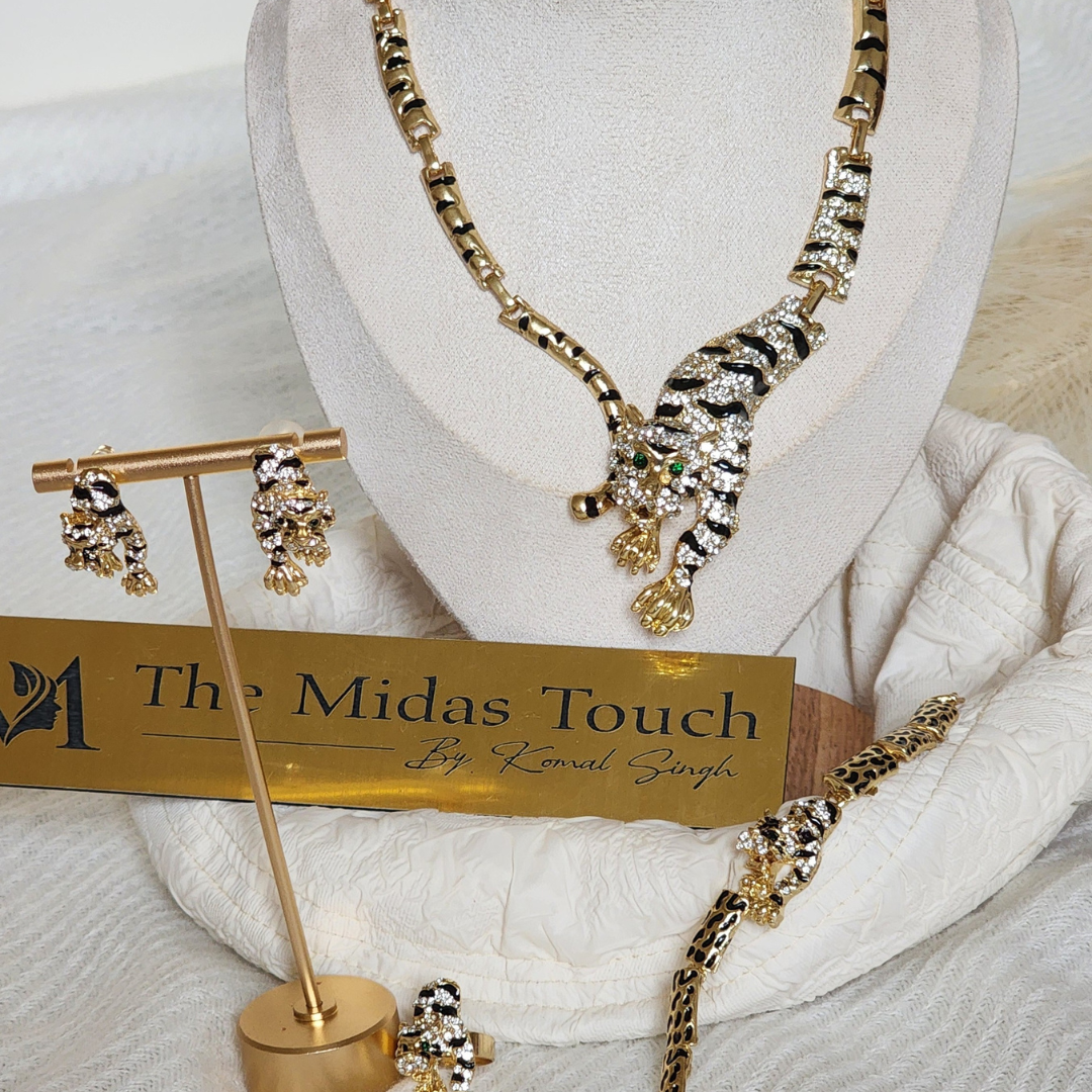 Designer Inspired - Golden Panther Necklace Set - Midas Touch Jewelry