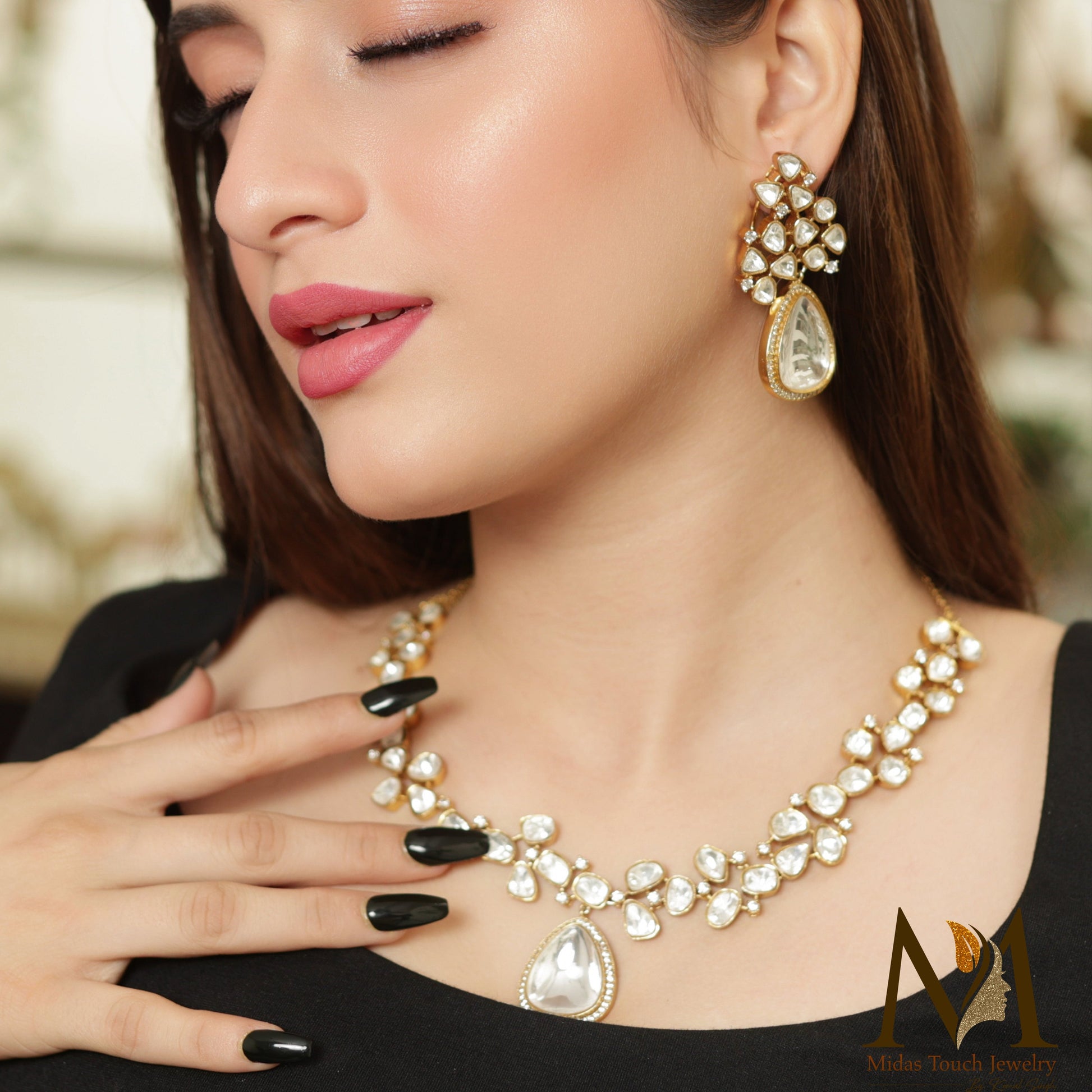 Heer Uncut Polki Necklace with Kundan Drops - Midas Touch Jewelry