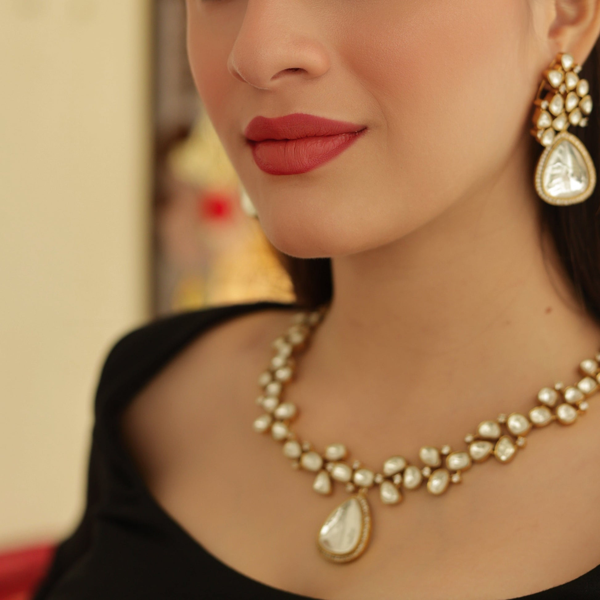 Heer Uncut Polki Necklace with Kundan Drops - Midas Touch Jewelry