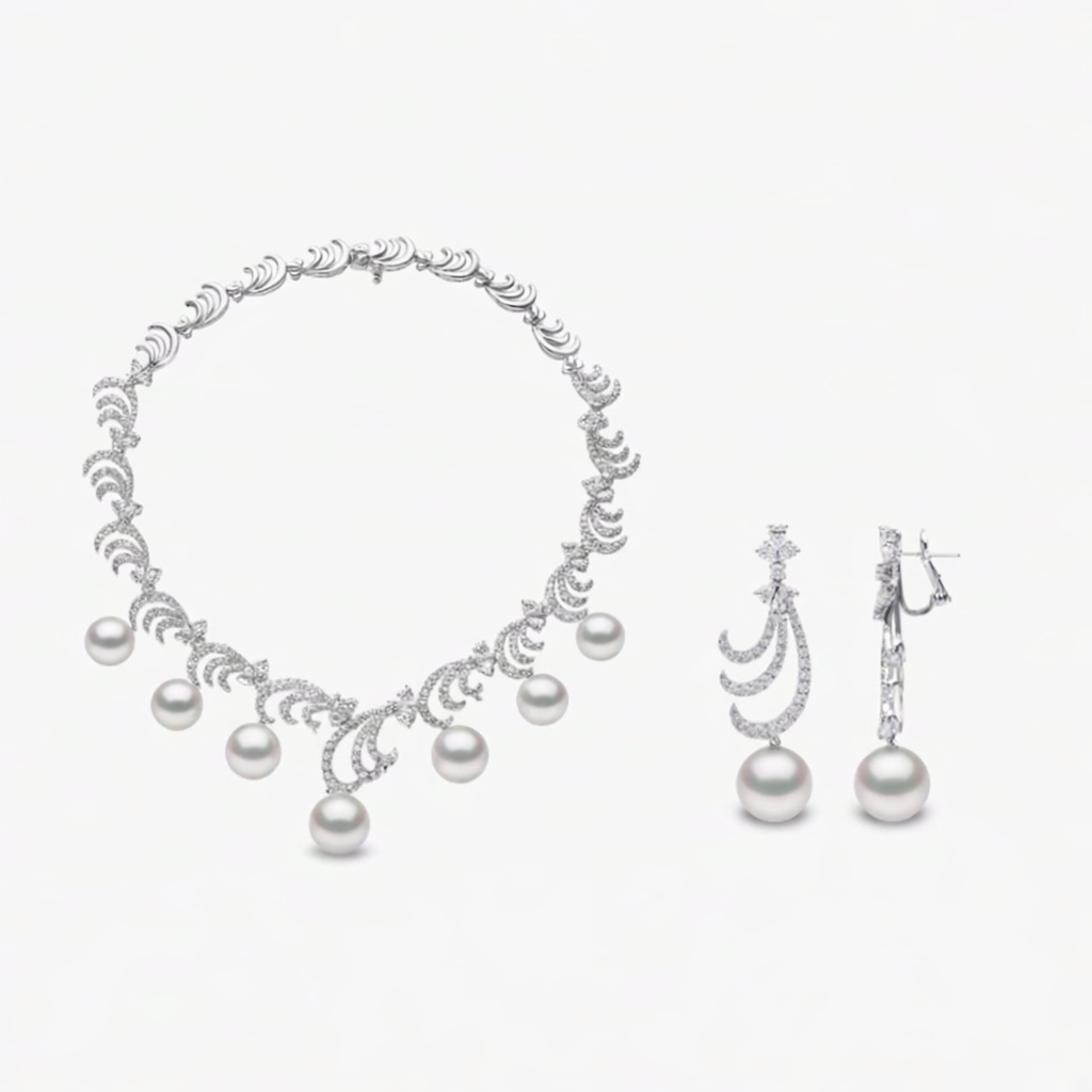 Radiant Pearl & Diamond Crescent Necklace Set