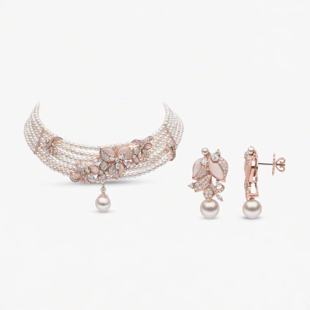 Rose Gold Floral Pearl Choker & Earrings Set