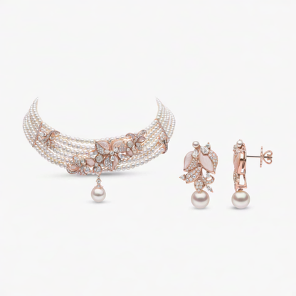 Rose Gold Floral Pearl Choker & Earrings Set