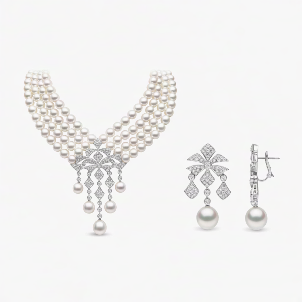Regal Multi-Strand Pearl Necklace & Earrings Set