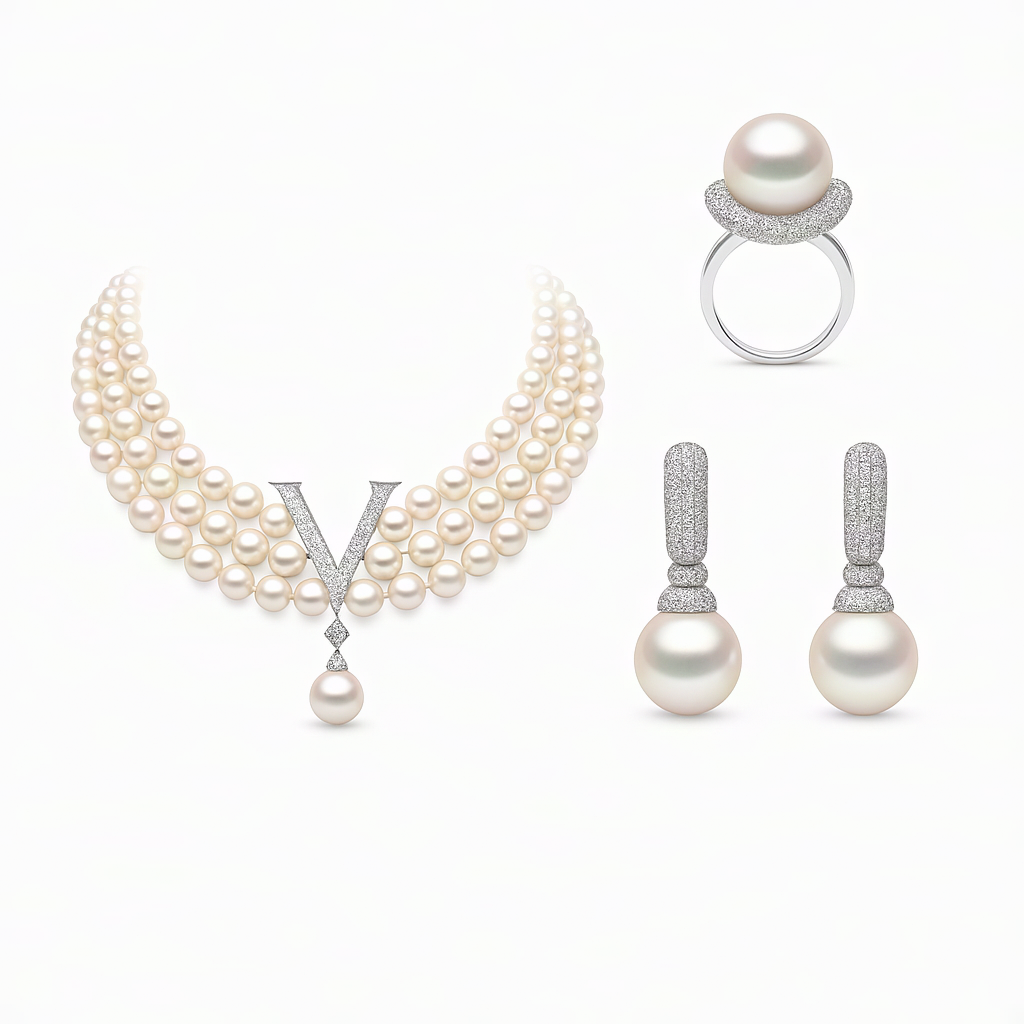 Triple-Strand Pearl Necklace Set with Diamond Accents
