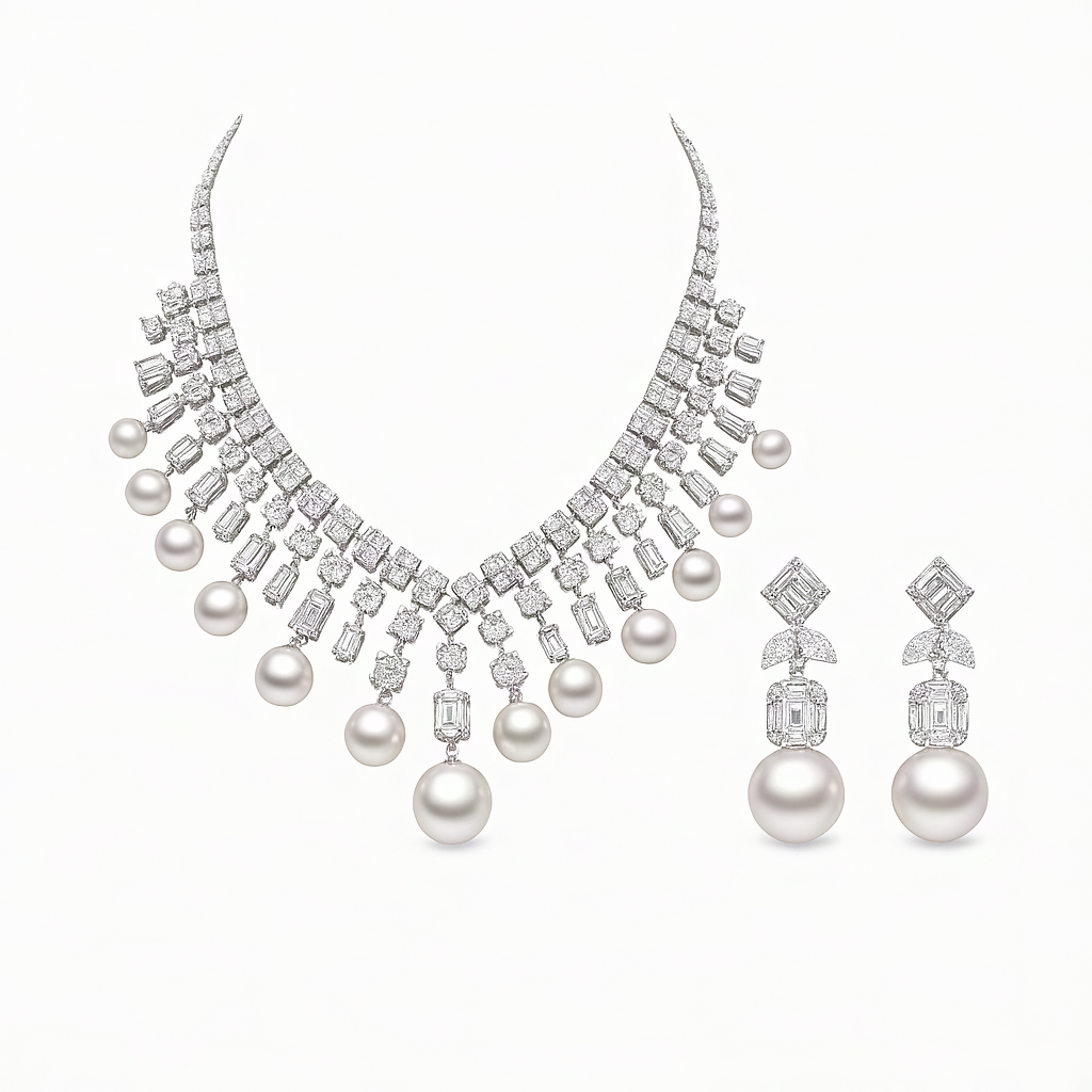 Pearl & Diamond Cascade Necklace Set