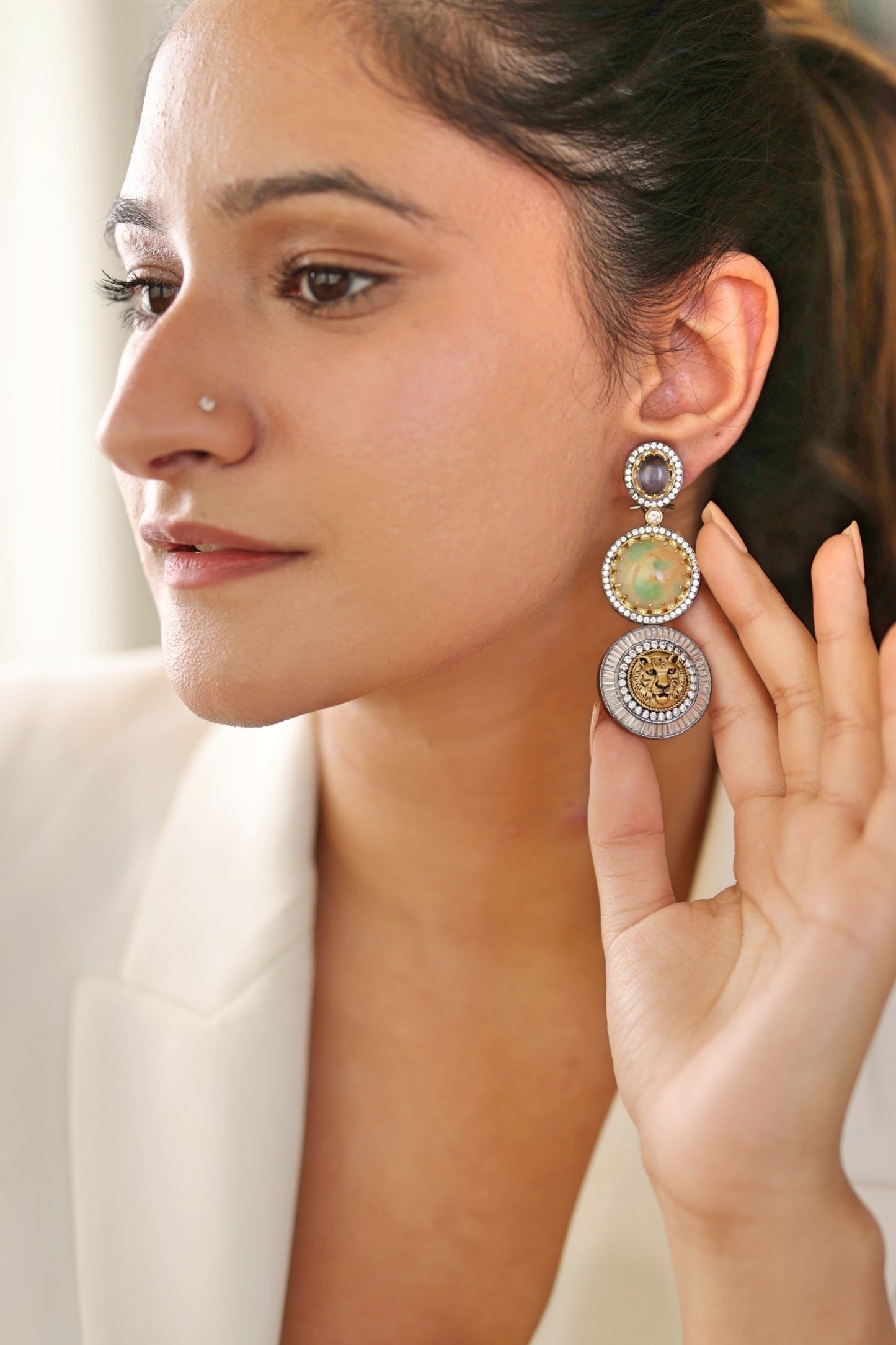 Regal Lion Emblem Triple Drop Earrings