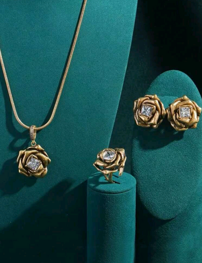 Rose Bloom Jewelry Set with Crystal Accents