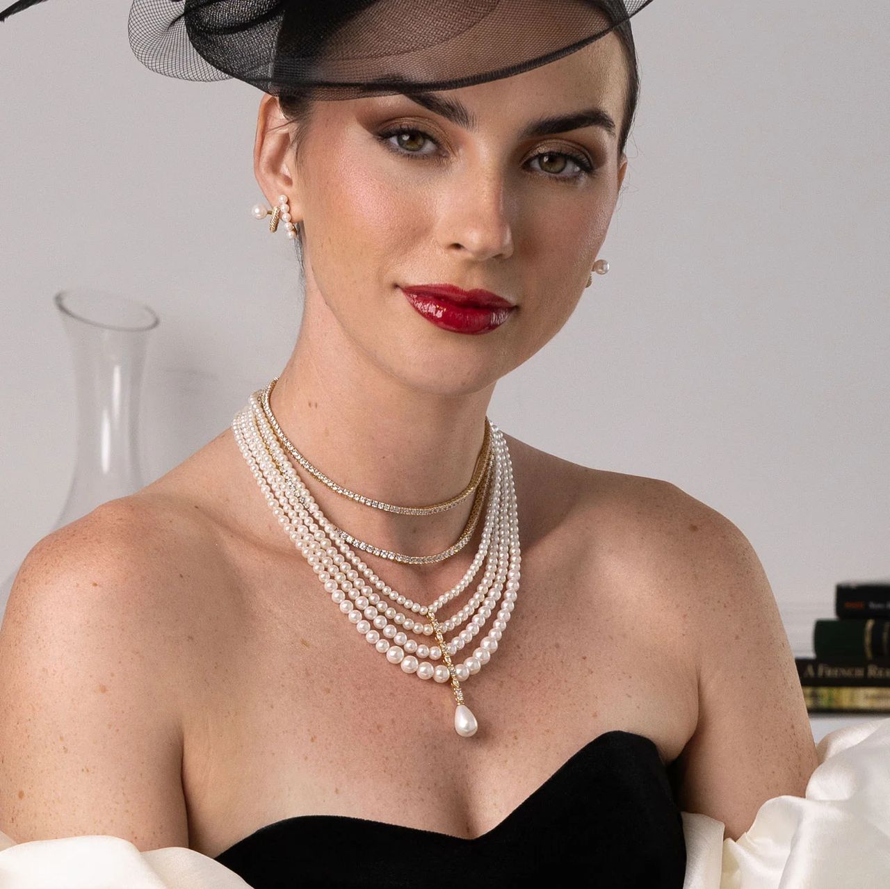 Elegant Multi-Layer Pearl & Crystal Necklace with Drop Pendant