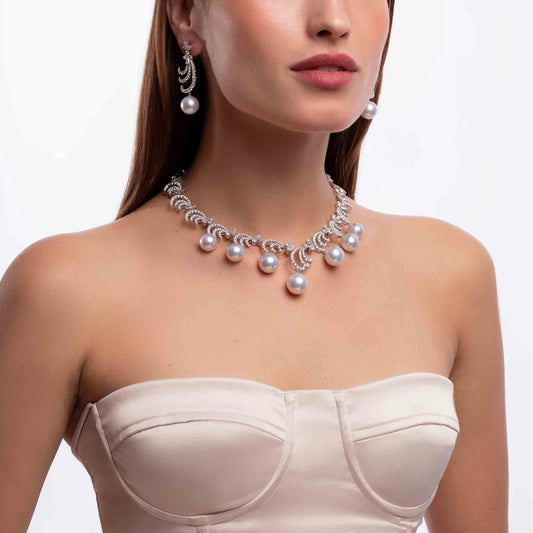 Radiant Pearl & Diamond Crescent Necklace Set