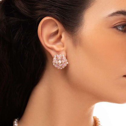 Blush Pink Floral Pearl Necklace & Earrings Set